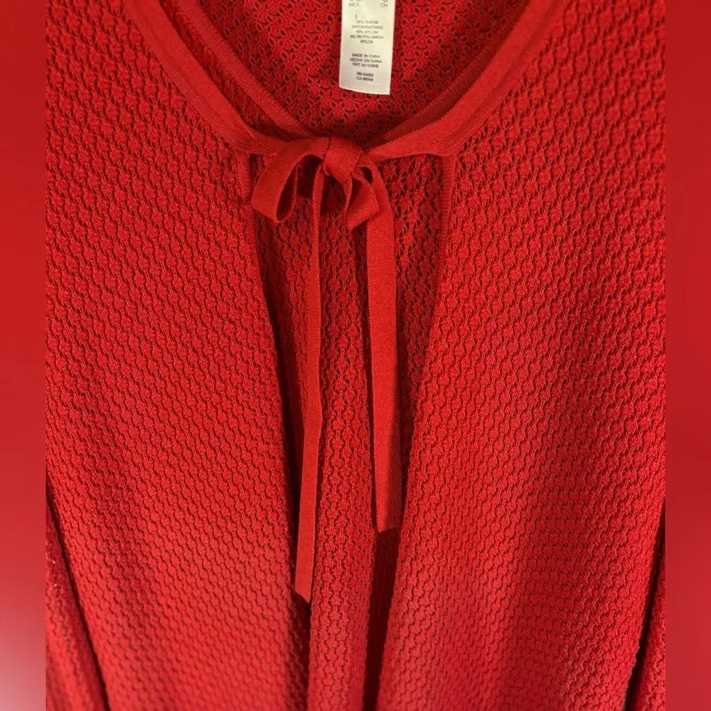 JONES NEW YORK Red Pointelle Textured Vest and Long Sleeve Tie Front Cardigan L